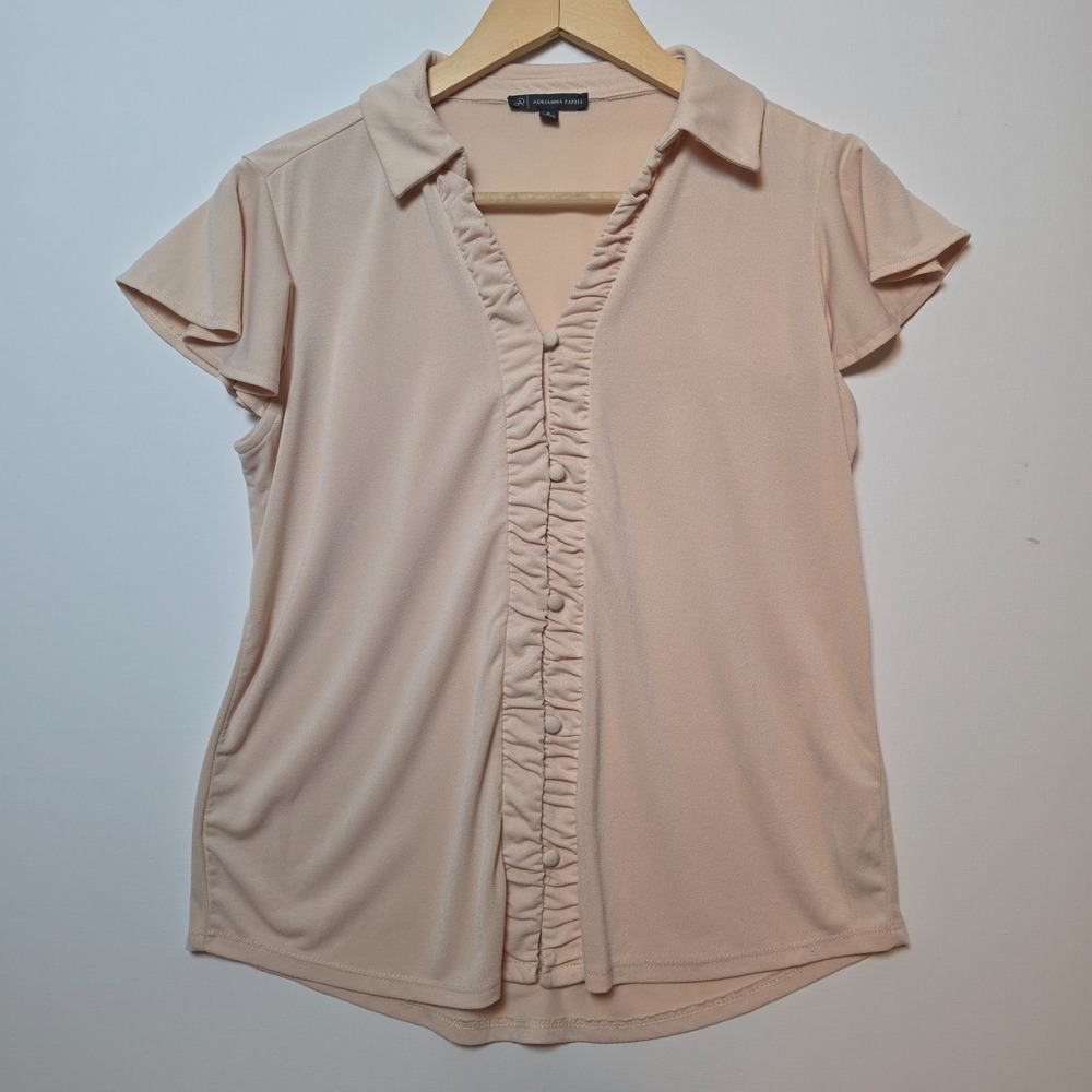 Adrianna Papell Ruffle Button Front Flutter Sleeve Blouse Blush Pink Size Small